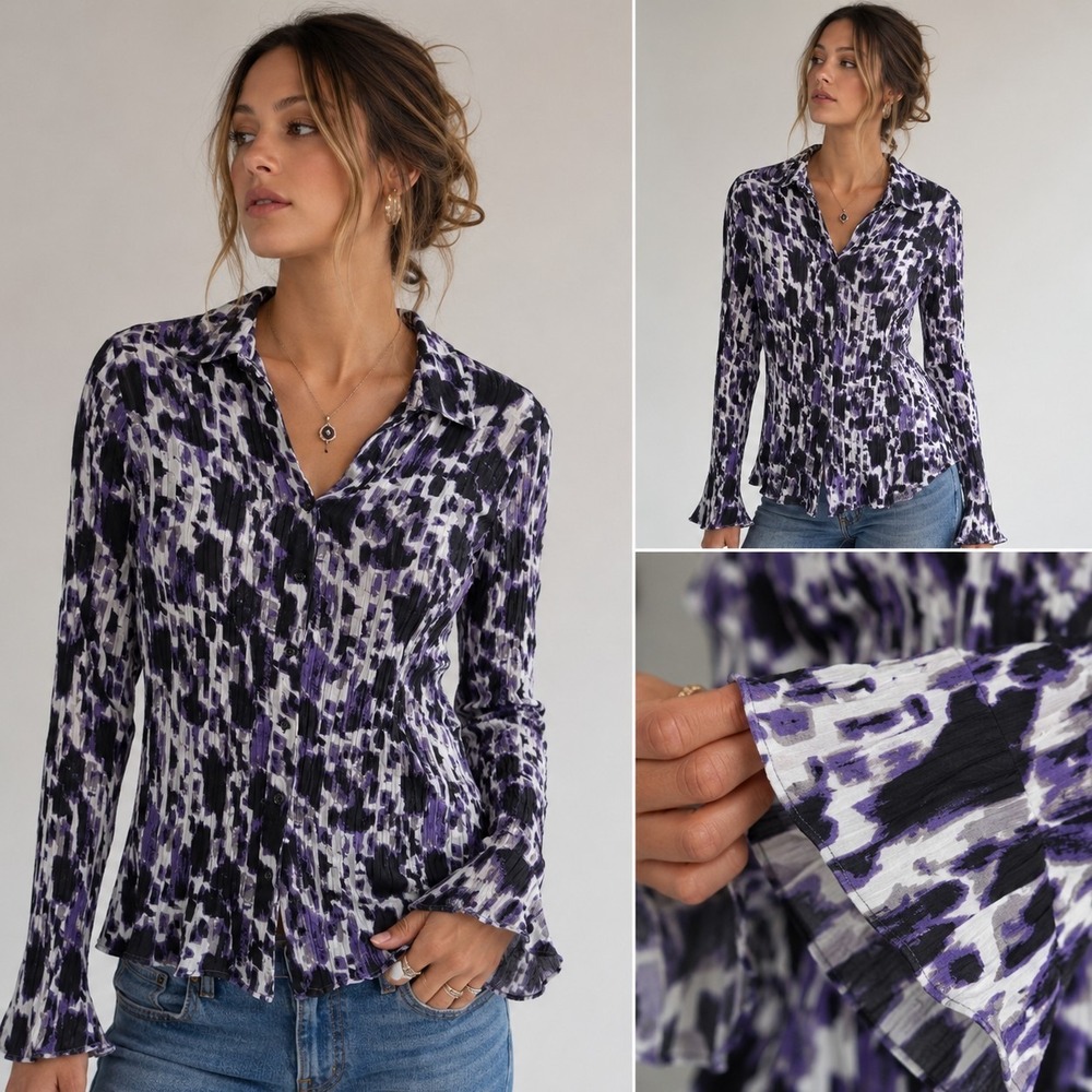 Y2k Fred David Large Black Purple Geometric Plisse Crinkle Button Up Top Career